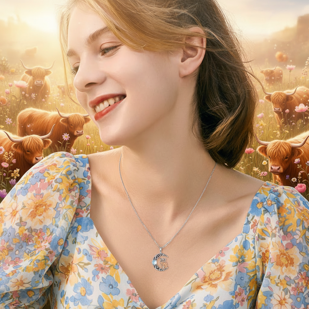925 sterling silver moonstone cow-and-moon pendant necklace, side close-up