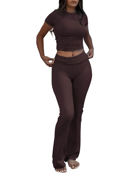 Casual Solid Color Slim Fit Two-piece Set, Short Sleeved Round Neck T-shirt And Tight Flared Sports Pants