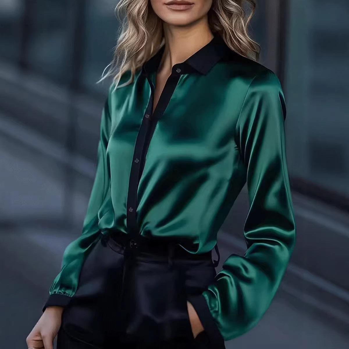 Women's satin long-sleeve shirt with black collar and button placket, green