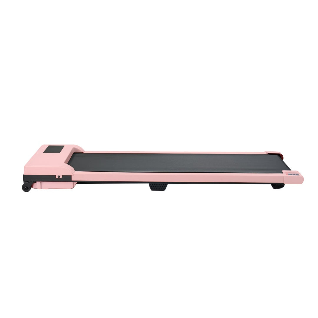 Pink walking pad treadmill side view with black belt and support feet