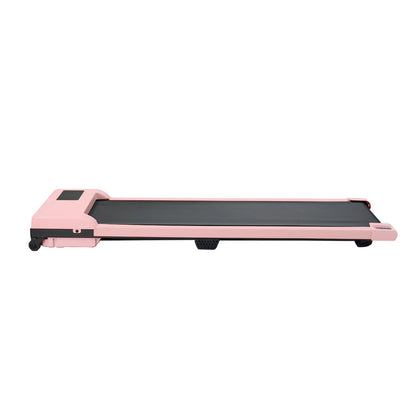 Pink walking pad treadmill side view with black belt and support feet