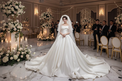 White satin princess wedding dress with structured skirt and long train, standing pose