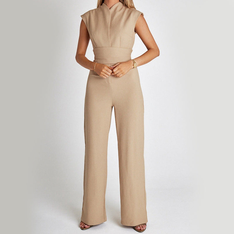 Fashion Elegant Sleeveless Jumpsuit Summer V-neck Casual Wide Leg Long Overalls Clothing For Women