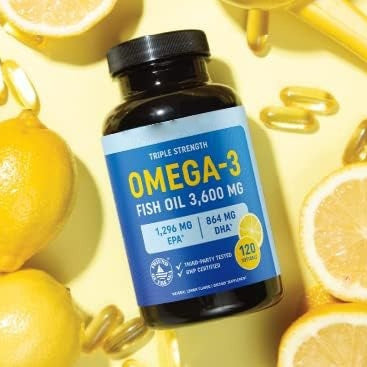 Omega-3 fish oil supplement bottle with blue label and lemon flavor badge