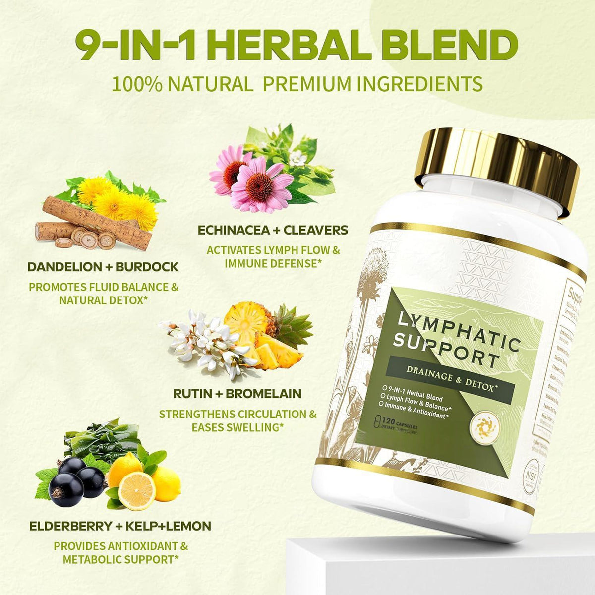 Lymphatic support milk thistle capsules bottle with gold cap and green label