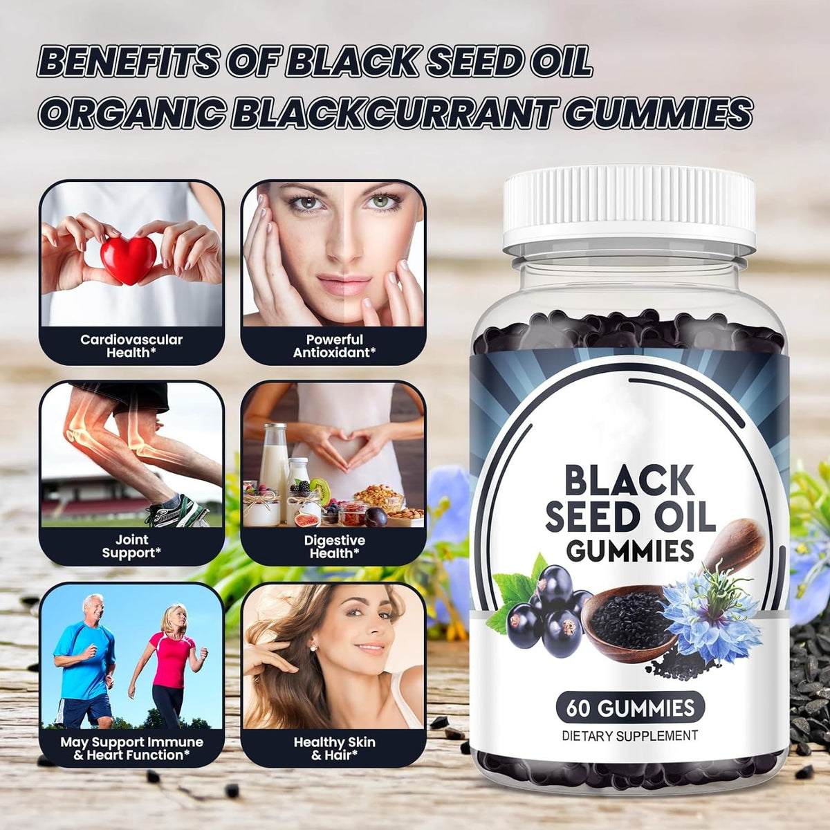Black seed oil gummies supplement bottle with white cap, 60 gummies label