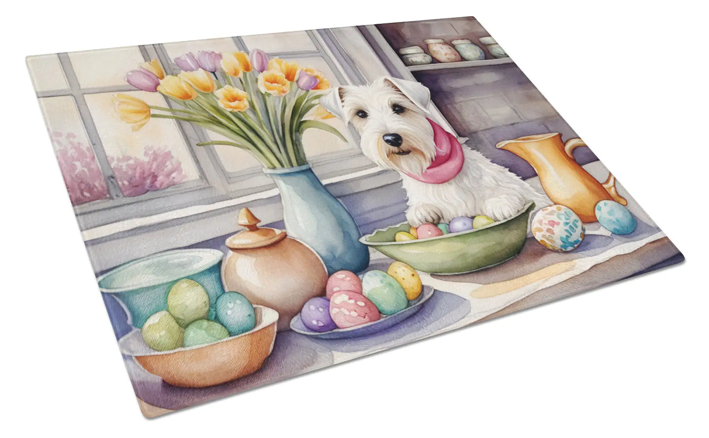 Decorating Easter Sealyham Terrier Glass Cutting Board