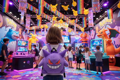 Purple Gengar plush backpack viewed from behind with two shoulder straps.