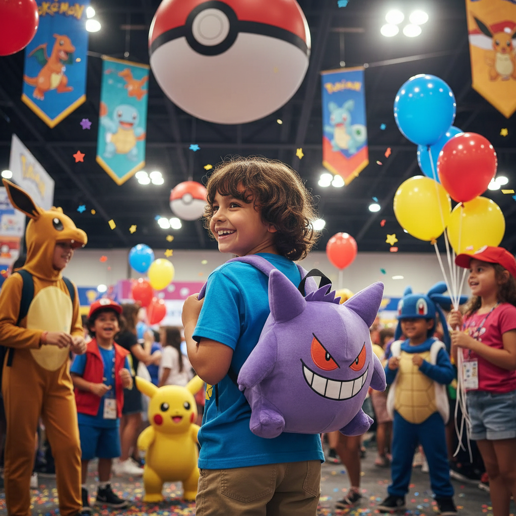 Purple Gengar plush backpack with grinning face and padded shoulder straps.