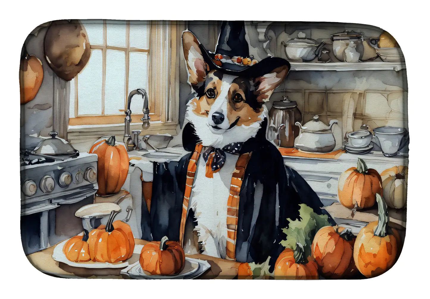 Corgi Fall Kitchen Pumpkins Dish Drying Mat