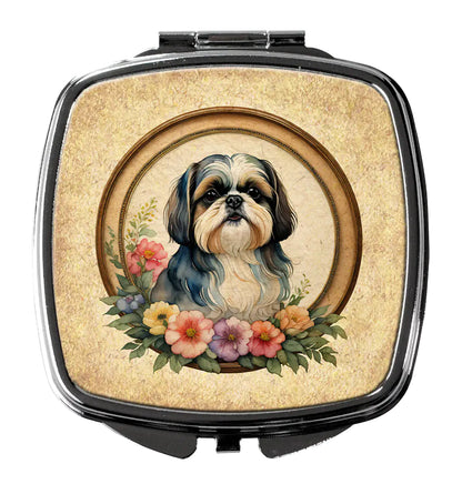 Shih Tzu and Flowers Compact Mirror