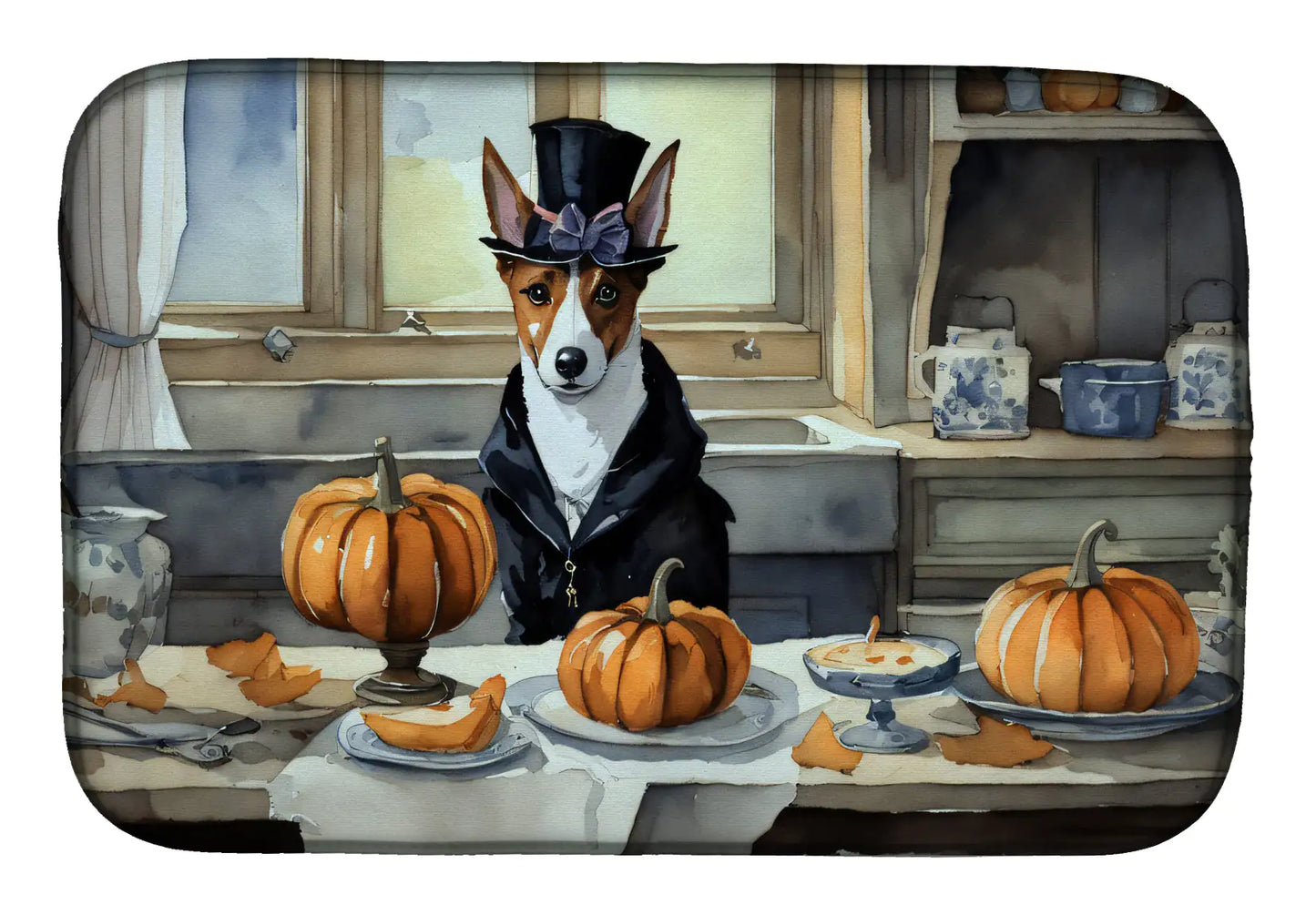 Basenji Fall Kitchen Pumpkins Dish Drying Mat