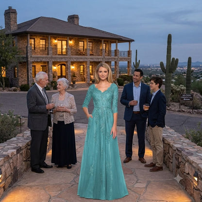 Turquoise long evening gown with V-neck and fitted sleeves, flowing skirt