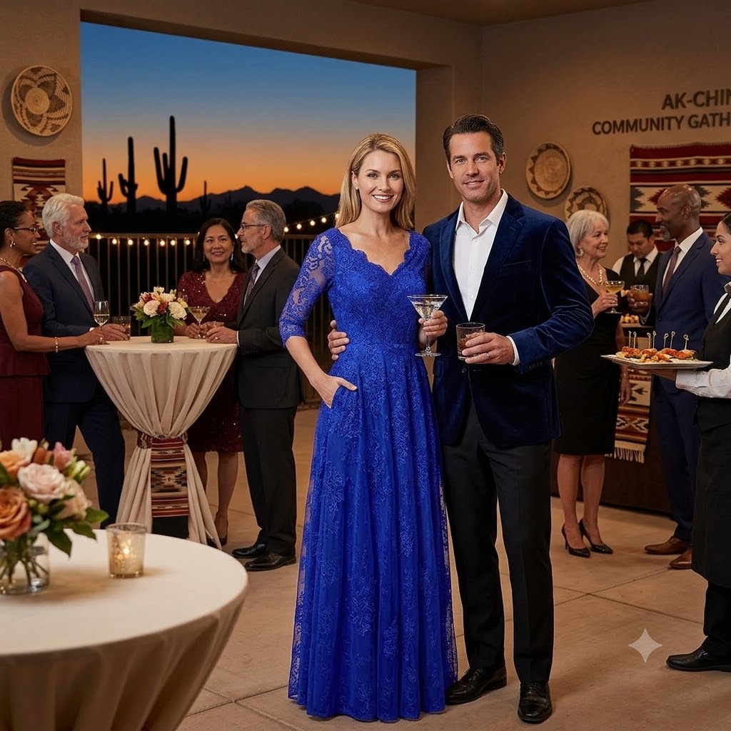 Royal blue long evening gown with lace-like texture, V-neck and fitted skirt