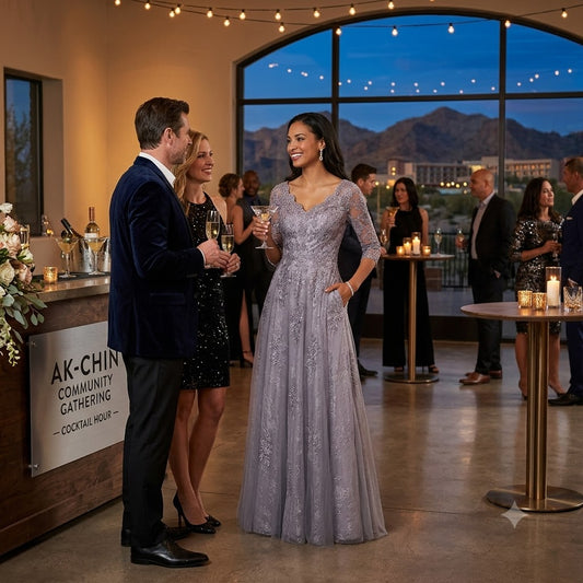 Silver-gray long evening gown with fitted bodice and beaded texture, V-neck sleeves