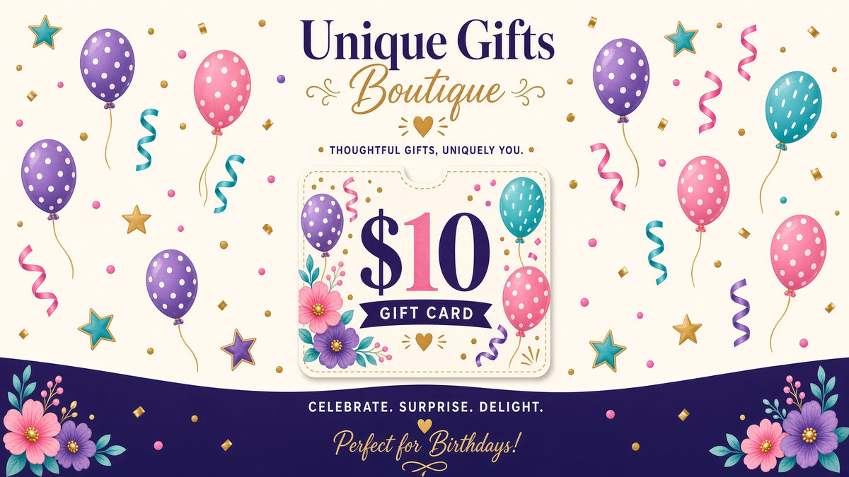 Birthday gift card $10 with colorful balloons and floral border