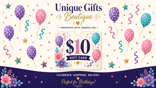 Birthday gift card $10 with colorful balloons and floral border