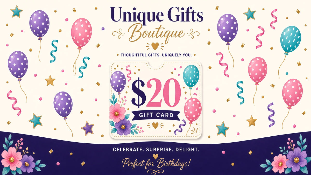 Birthday gift card $20 with colorful balloons and floral border