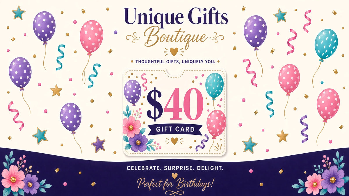 Birthday gift card $40 with colorful balloons and floral border
