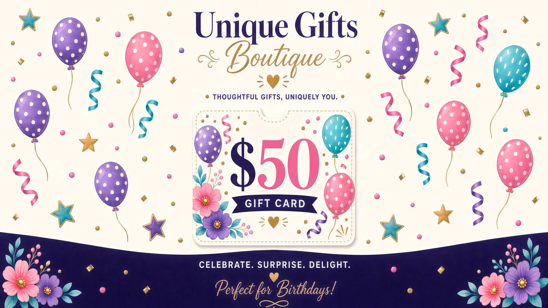 Birthday gift card $50 with colorful balloons and floral border
