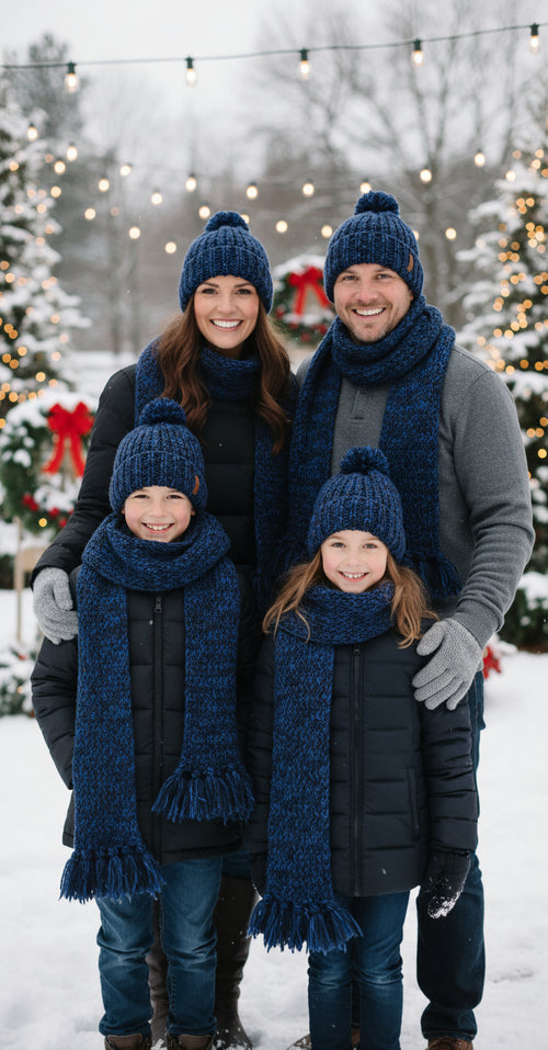 Dark blue knit beanie and matching scarf set with fringed tassels