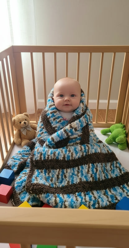 Handmade Soft Baby Blanket, 5 points Star Hand crochet, Pipsqueak Blue Berry Swirl with Brown, for boys and girls