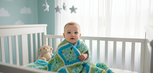 Granny Square Baby Blanket handmade of Blues and Greens for boys and girls