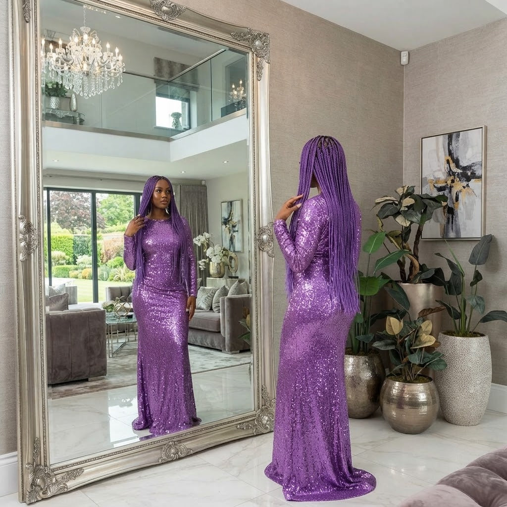 Long braided crochet hair extension with purple straight braid strands