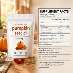 Pumpkin seed oil supplement pouch with Supplement Facts panel and 3000 mg per serving