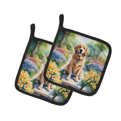 Golden Retriever Spring Path Pair of Pot Holders