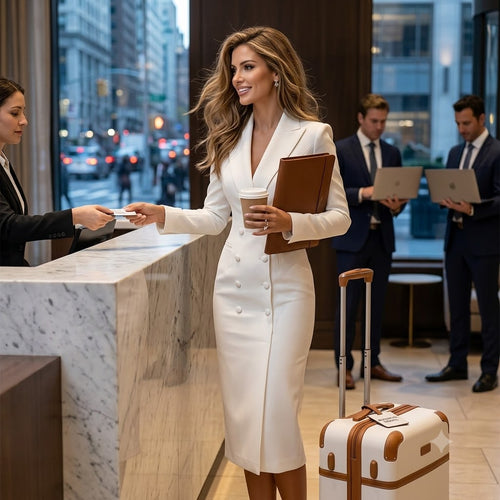 White double-breasted dress with V lapels, long sleeves, fitted midi
