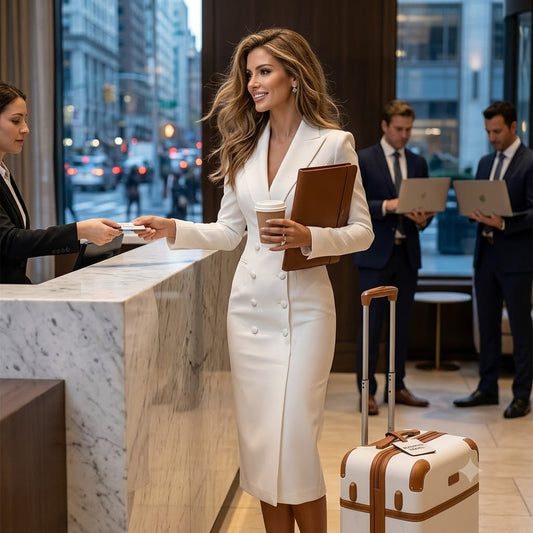 White double-breasted dress with V lapels, long sleeves, fitted midi