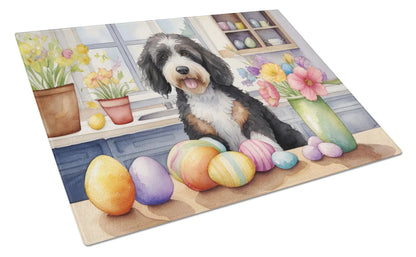 Decorating Easter Bernedoodle Glass Cutting Board