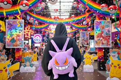 Purple Gengar plush backpack back view with hood and shoulder straps.