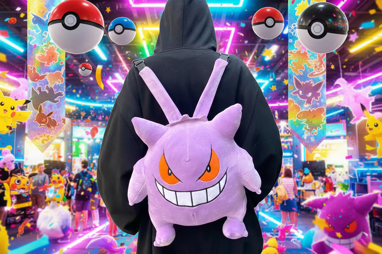 Purple Gengar plush backpack with back view and two long shoulder straps.
