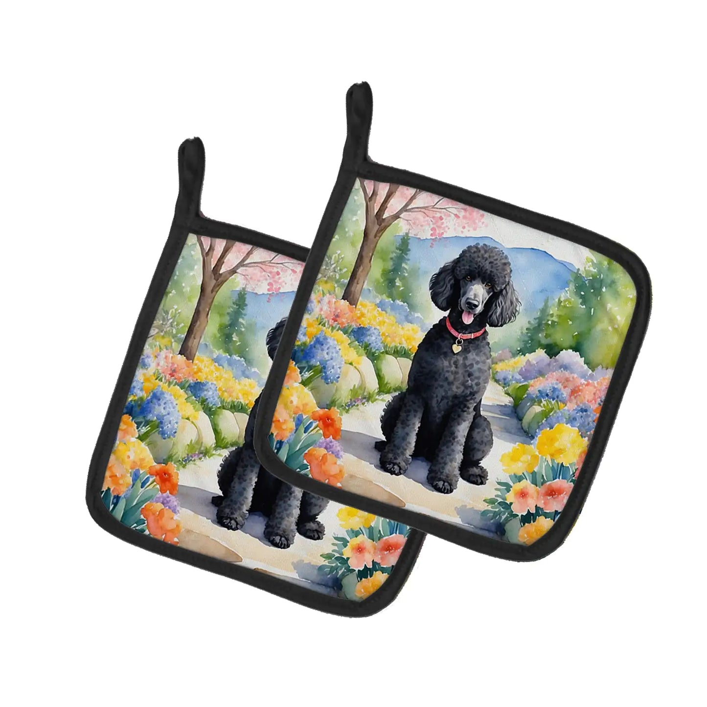 Black Poodle Spring Path Pair of Pot Holders