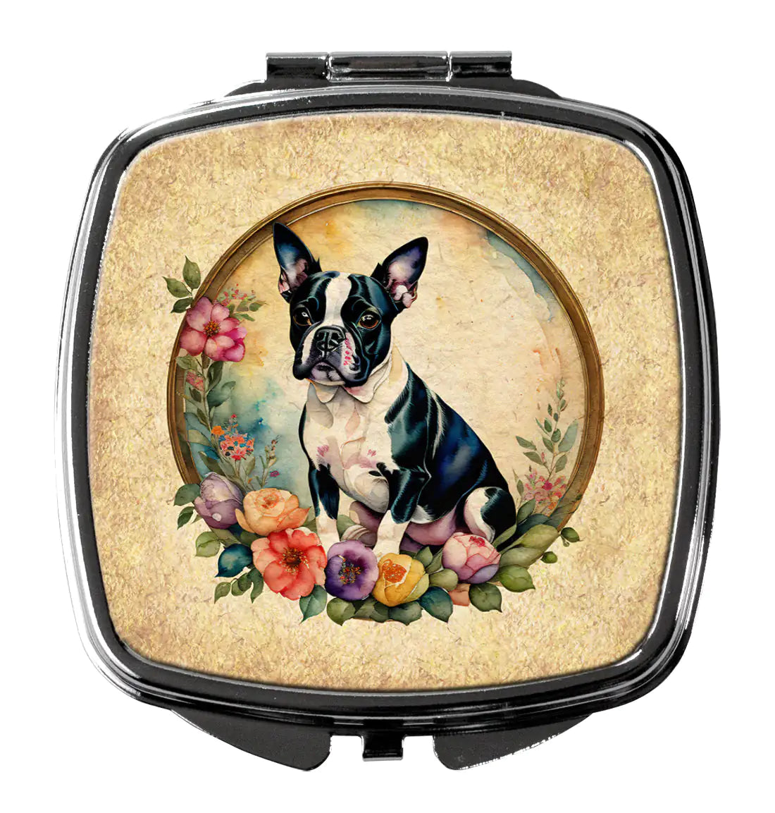 Boston Terrier and Flowers Compact Mirror