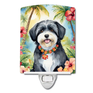 Ceramic night light tile with black-and-white Havanese dog wearing flower lei