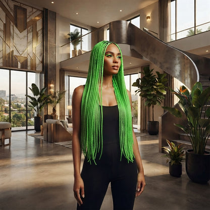 Green long crochet braided hair with straight fringe, worn down