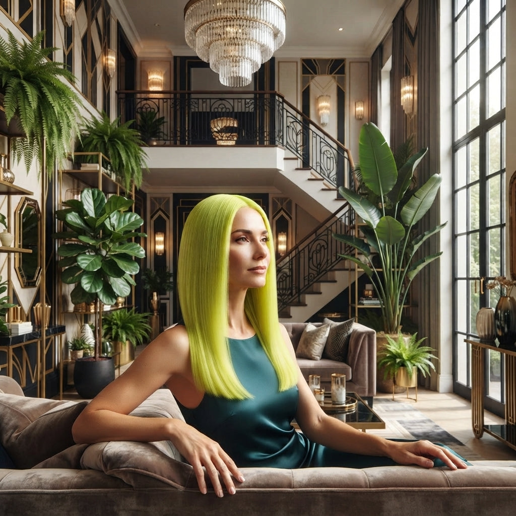 Long neon green crochet braided hair with smooth, straight strands.