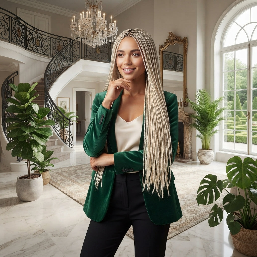 Braided crochet hair extension with long light gray-beige braids, side-parted, flowing strands