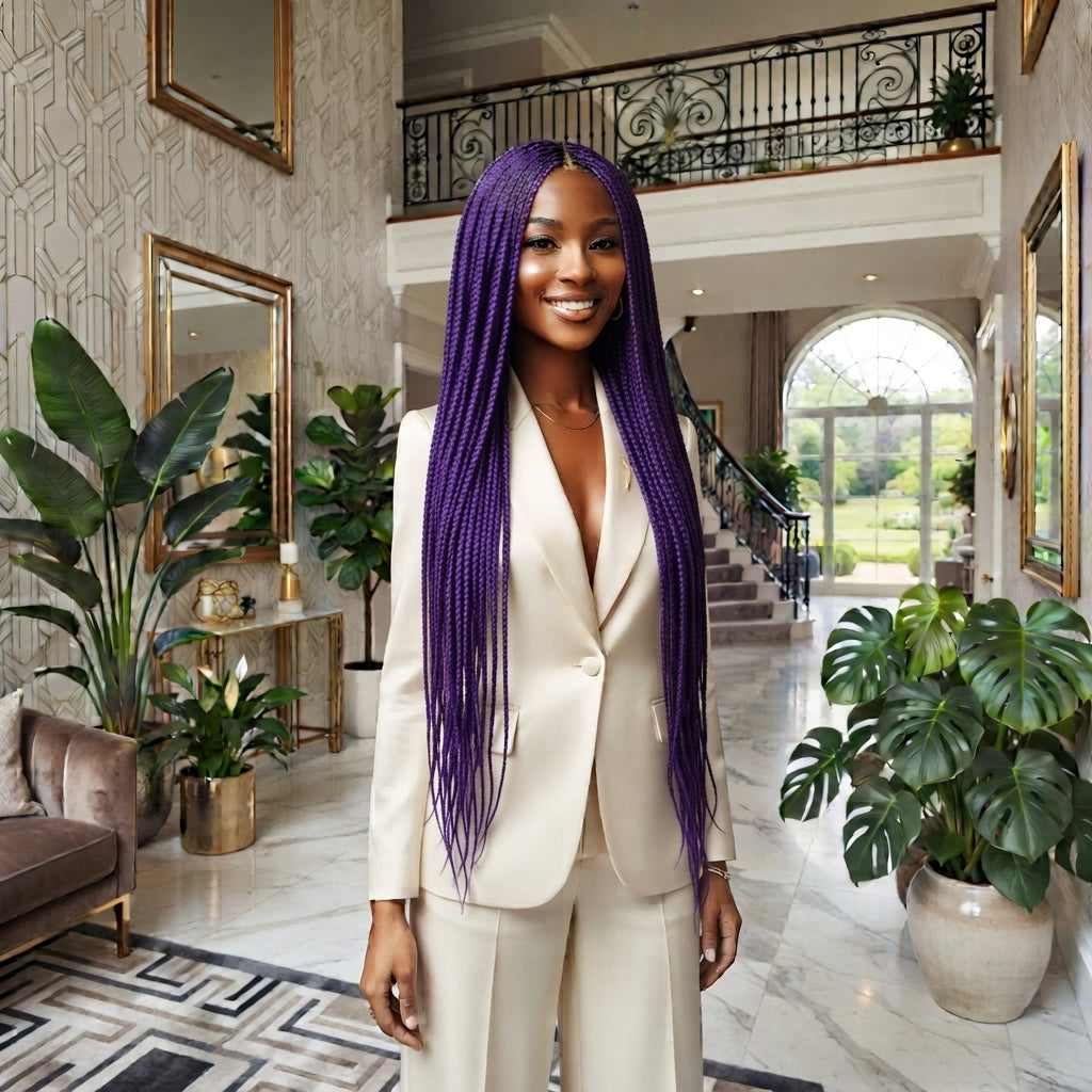 Braided crochet hair extension with long purple braids, center-parted, full length