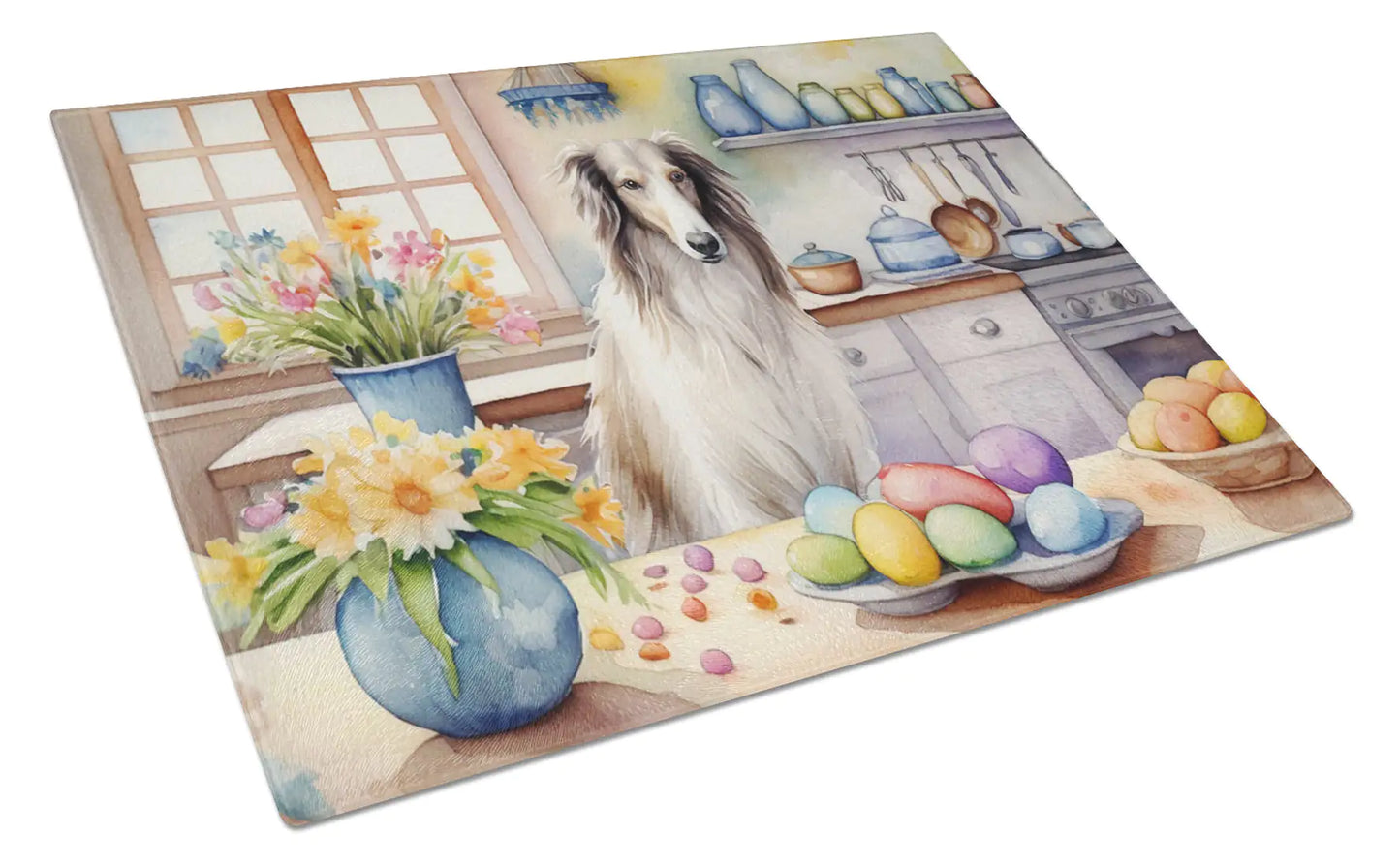 Decorating Easter Borzoi Glass Cutting Board