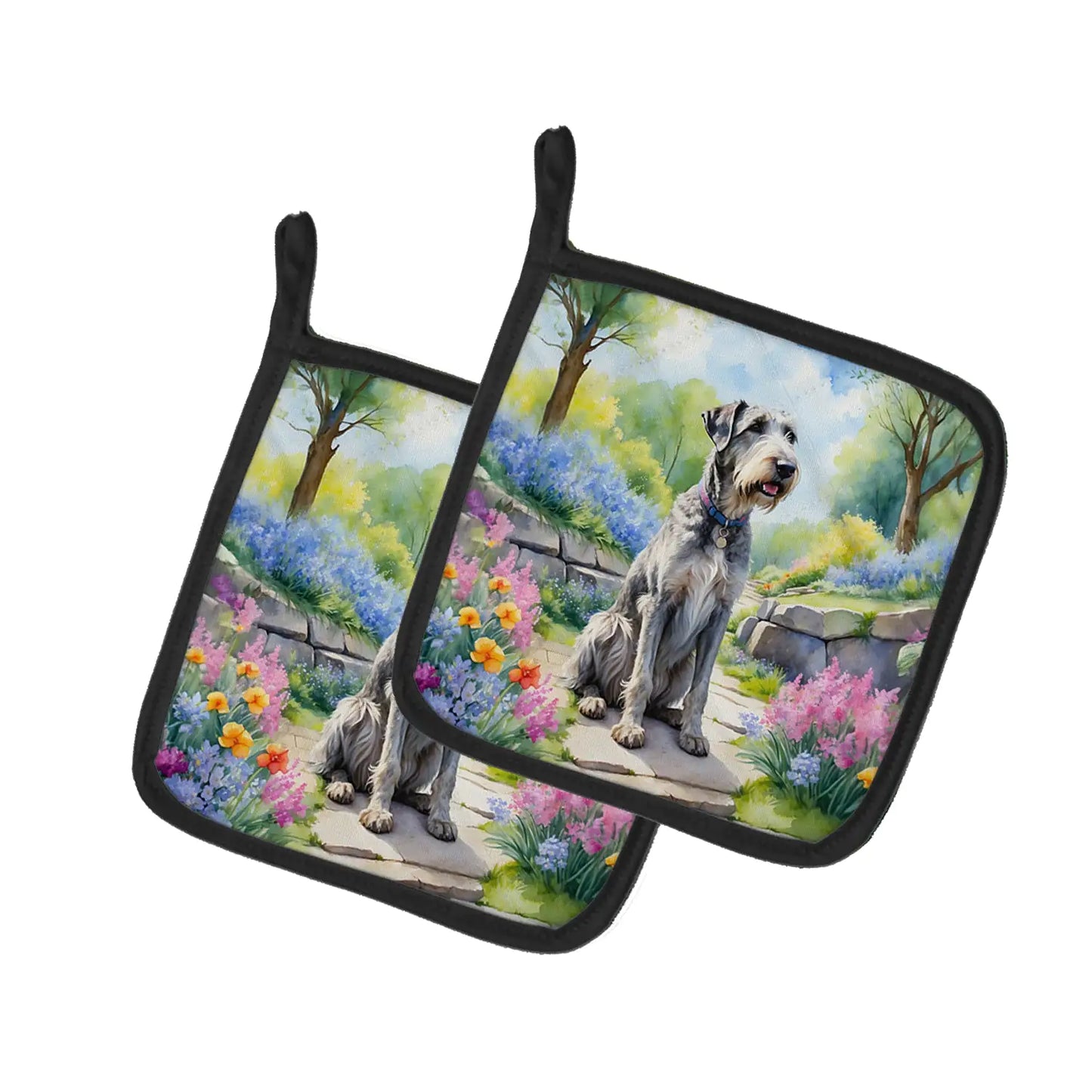 Irish Wolfhound Spring Path Pair of Pot Holders