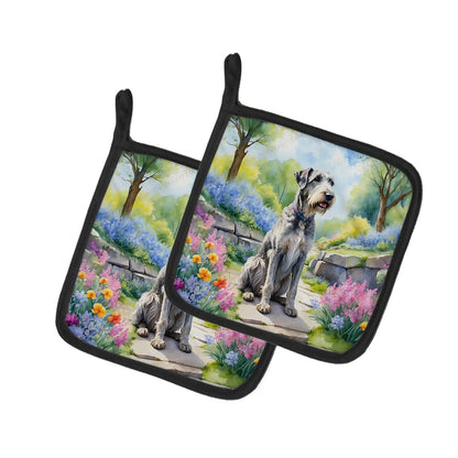 Irish Wolfhound Spring Path Pair of Pot Holders