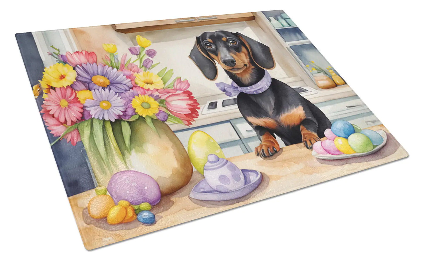 Decorating Easter Dachshund Glass Cutting Board