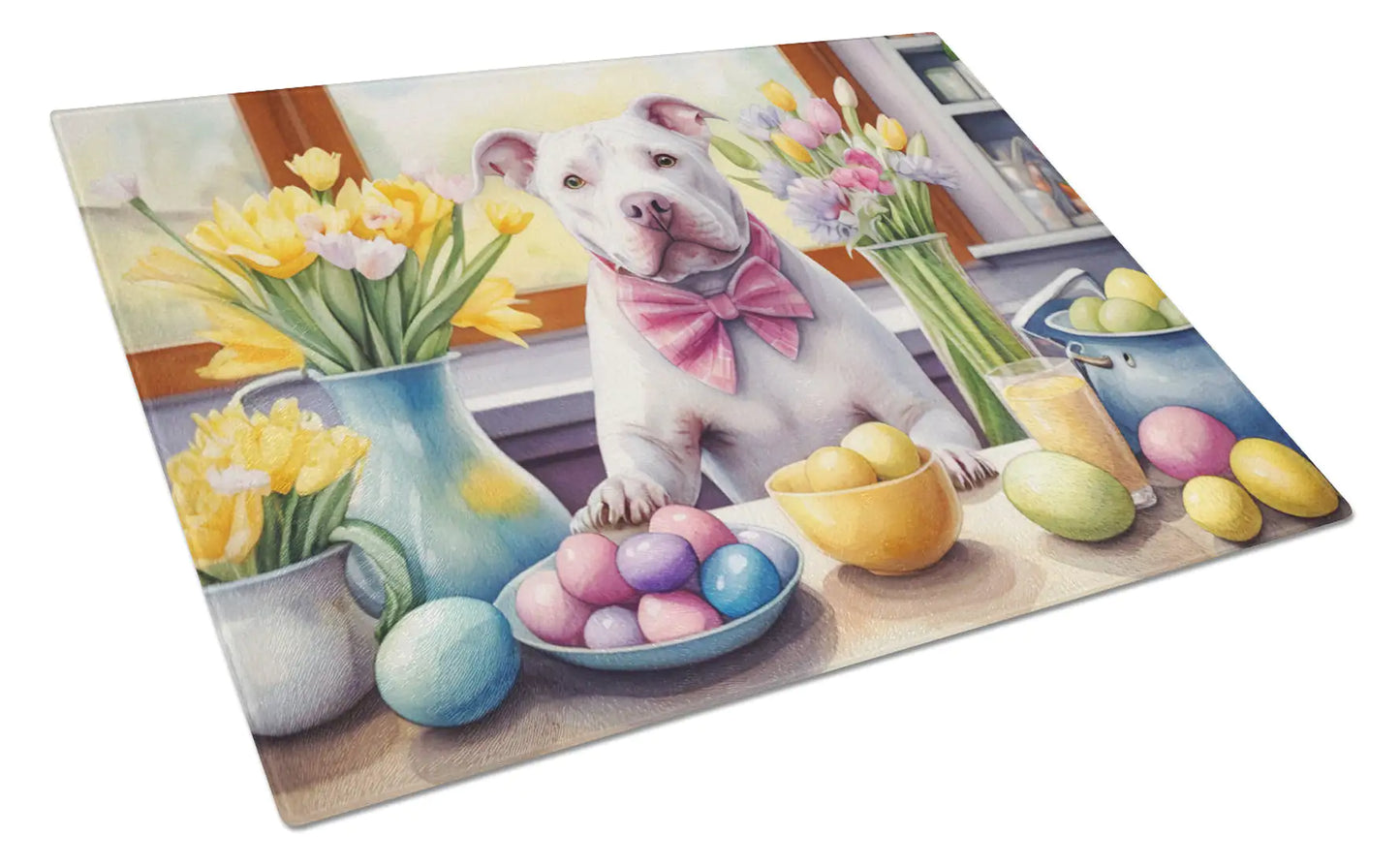 Decorating Easter Pit Bull Terrier Glass Cutting Board