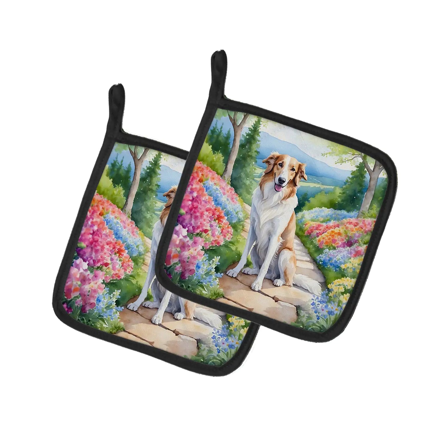 Borzoi Spring Path Pair of Pot Holders