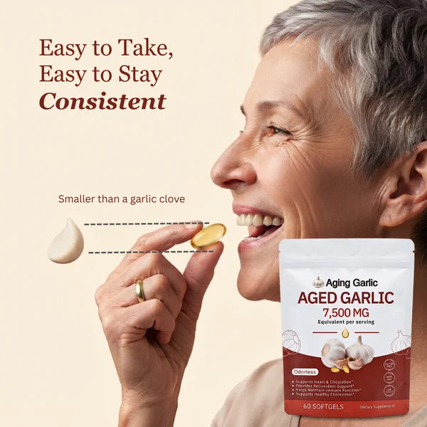 Odorless aged garlic extract softgels 7,500 mg per serving shown with garlic clove