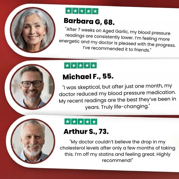 Aged garlic extract customer review panel with three pictured testimonials